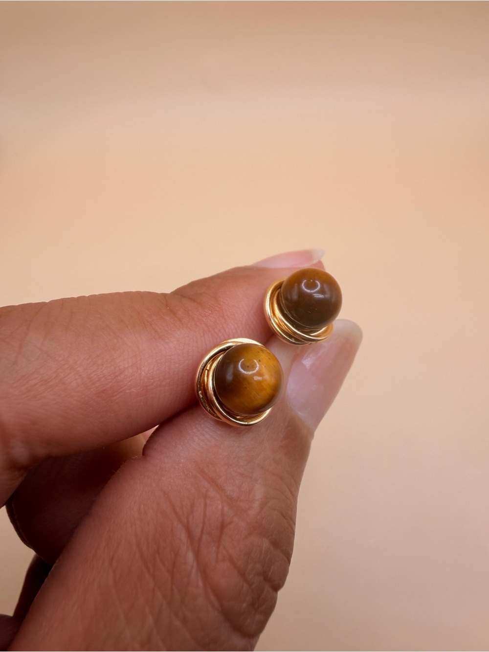 14k Gold Tiger Eye Earrings.